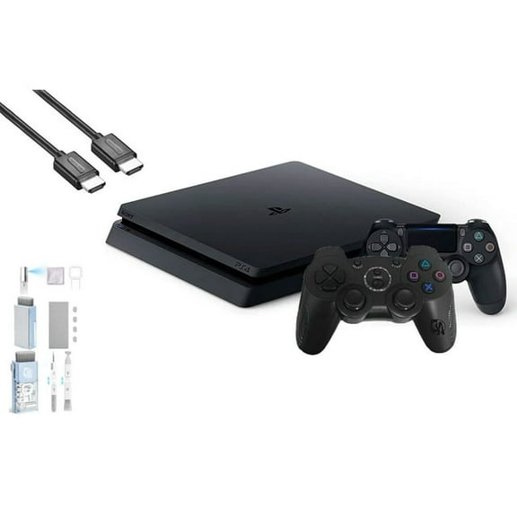 Pre-Owned Sony 2215B PlayStation 4 Slim 1TB Gaming Console Black, HDMI Cable 2 Controller With BOLT AXTION Cleaning Kit Bundle