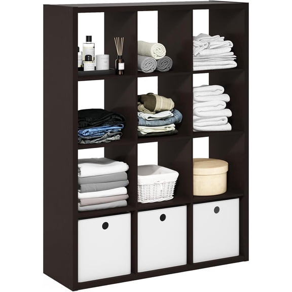 Cubicle Open Back Decorative Cube Storage Organizer, 12-Cube, Black Dark Oak