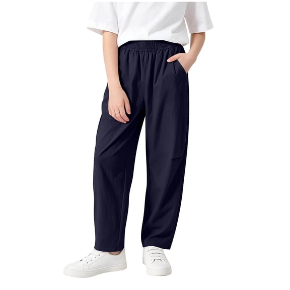 hoksml Girls Barrel Pants, UPF 50 Elastic Waist Kids Back to School Water Resistant Trousers with Pockets