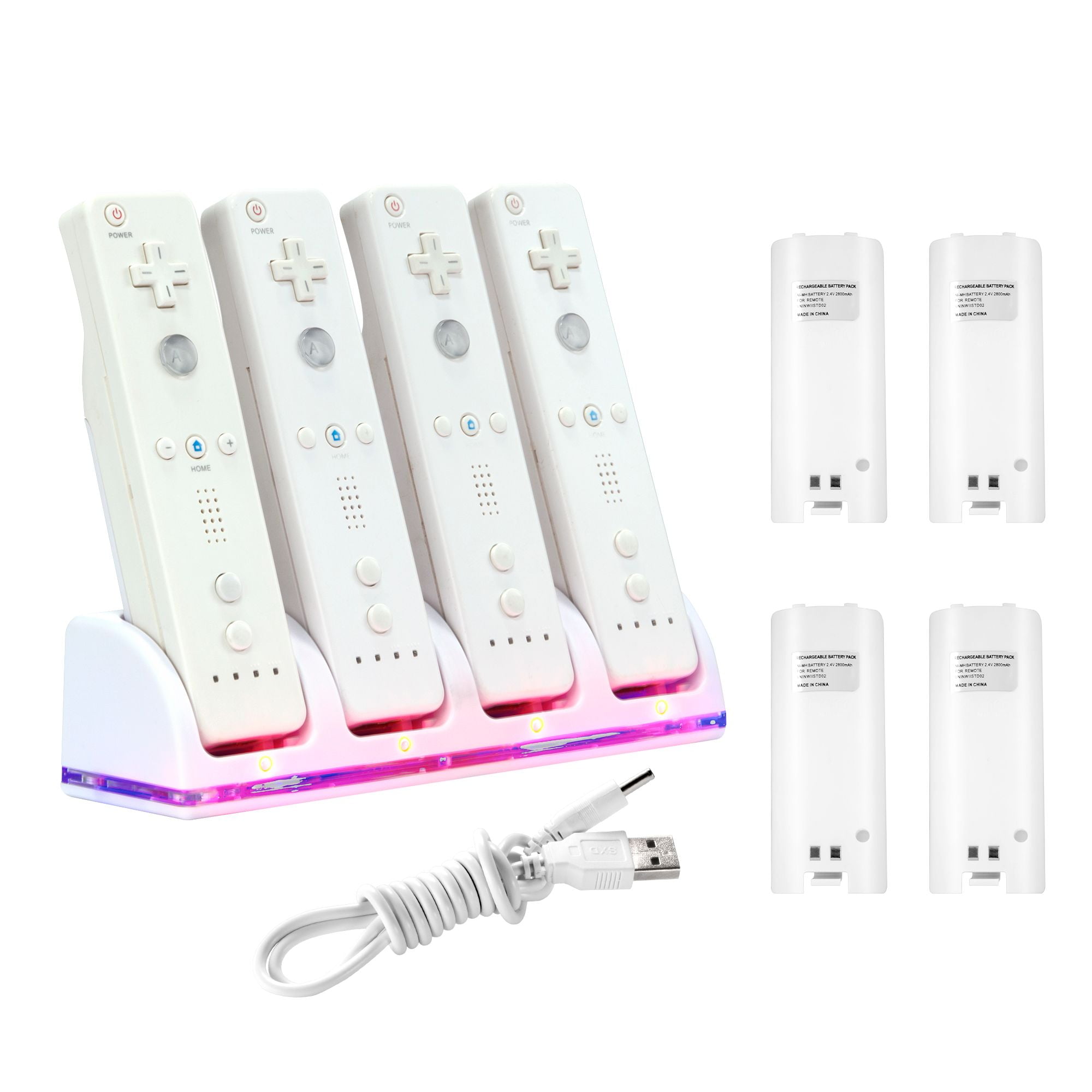 Insten Quad Dock Charge Station Cradle Charger with 4-pack Rechargeable Battery For Nintendo Wii Wii U Remote Controller - White (with USB Charging Cable)