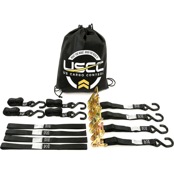US Cargo Control Motorcycle Ratchet Strap Kit, Includes 6 Motorcycle Tie Down Straps, Convenient Motorcycle Accessories for Trailer Tie Down System, Secures Motorcycles & ATVs to Pickups and Trailers