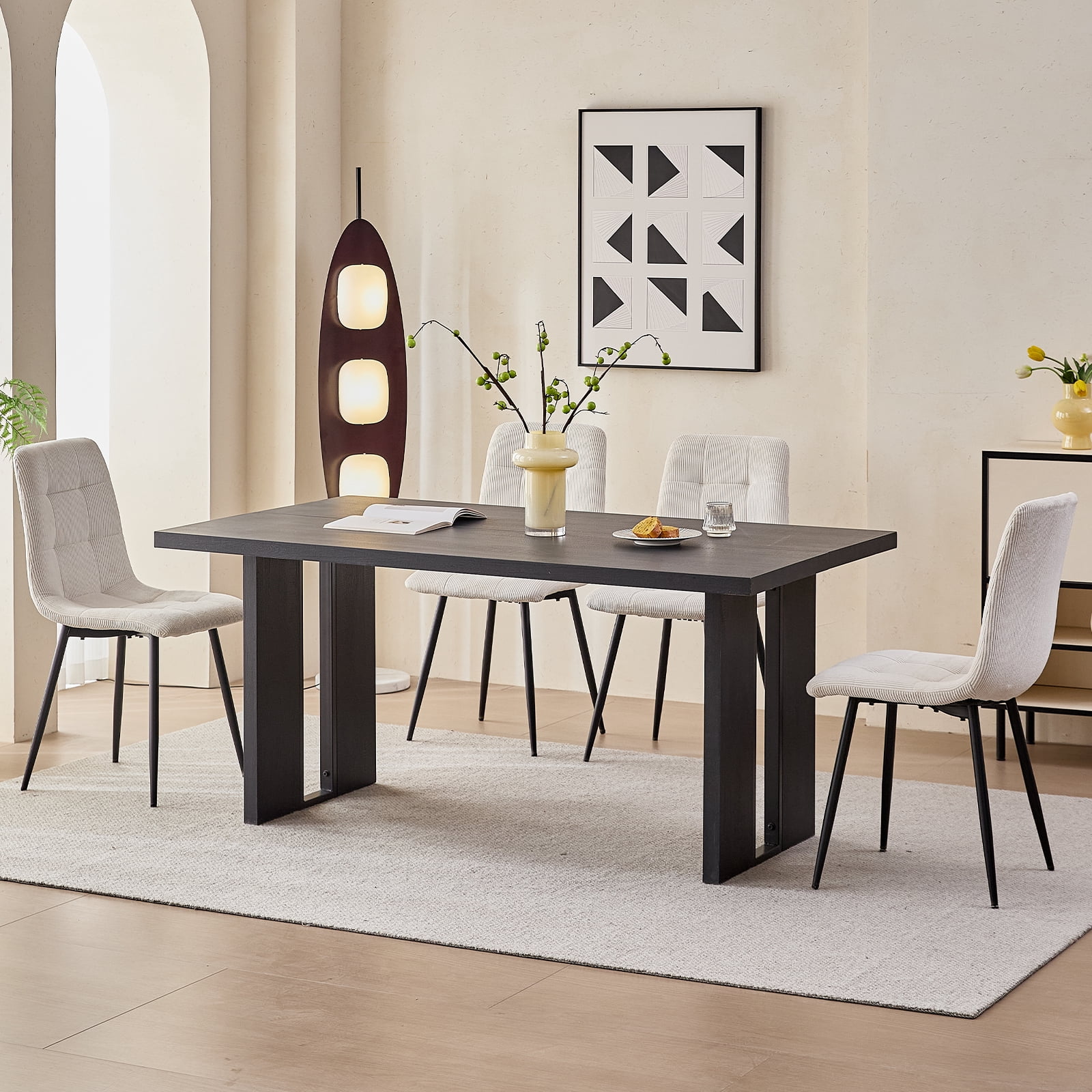 63" Dining Table Set for 4 6 People, 5 Piece Kitchen Dining Room Table with 4 White Corduroy Chairs for Living Kitchen Room Apartment