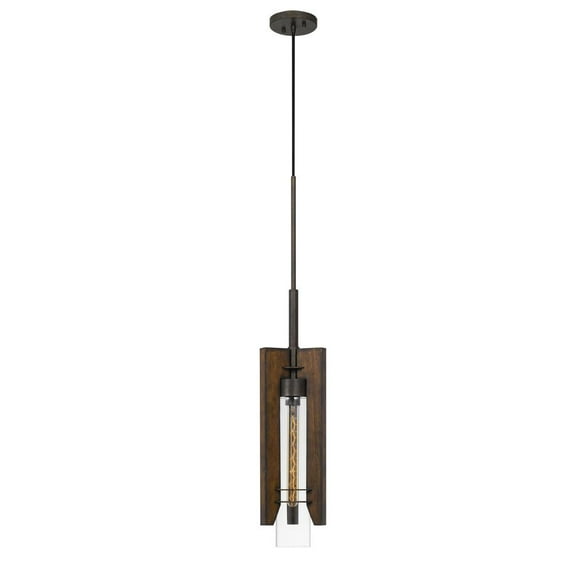 Cal Lighting Almeria 1-Light Wood & Glass Pendant Fixture in Pine Brown/Black