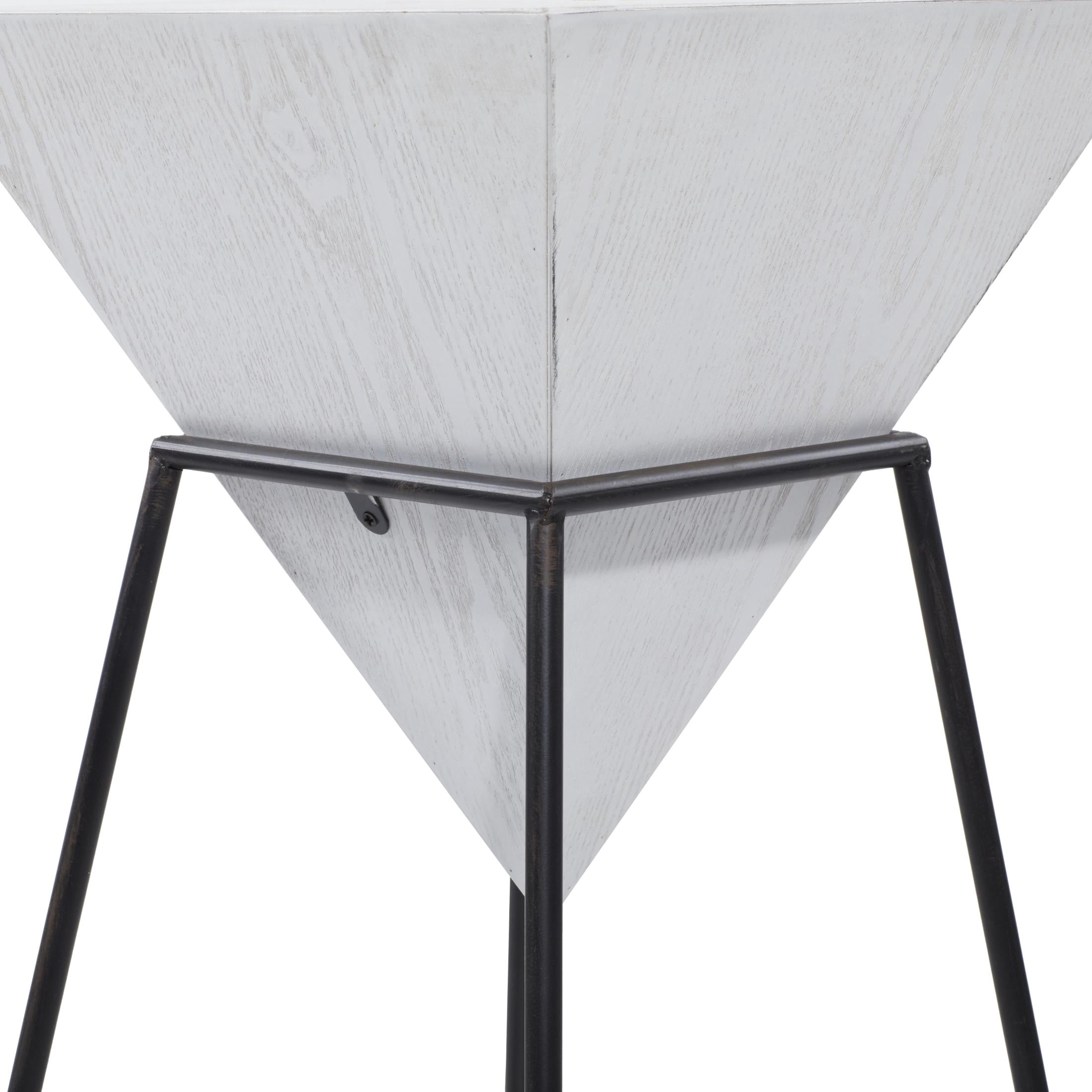 DecMode 14" x 24" White Wood Inverted Pyramid Geometric Accent Table with Black Metal Stand, 1-Piece