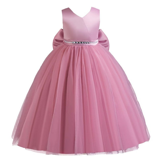 Huvoen Robe de Demoiselle d'Honneur pour Mariage Enfants Robe Princesse en Tulle Fille Nœud Papillon Robe Bouffante Rose 120