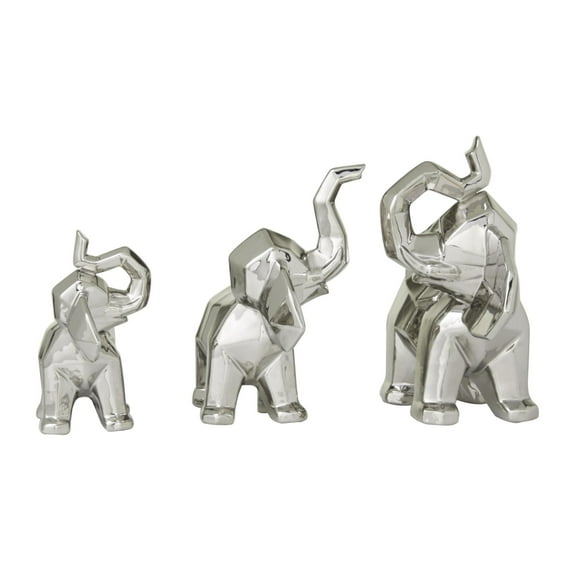12", 11", 8"H Silver Porcelain Ceramic Cubist Elephant Sculpture, by DecMode (3 Count)