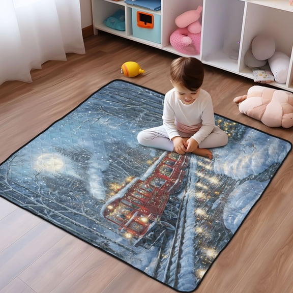 WOBOGO Christmas Train Picture Baby Playmats Extra Large Waterproof Rollable Activity Pads for Toddlers 50×50inch