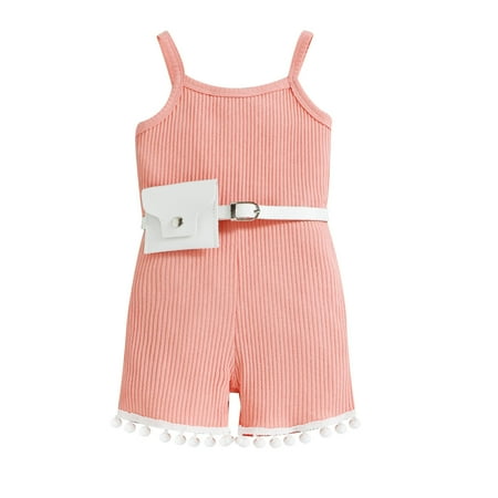 

Wiueurtly Toddler Girls Sleeveless Romper Solid Ribbed Tassels Jumpsuit Belt Waist Bag Outfits Teal Outfit