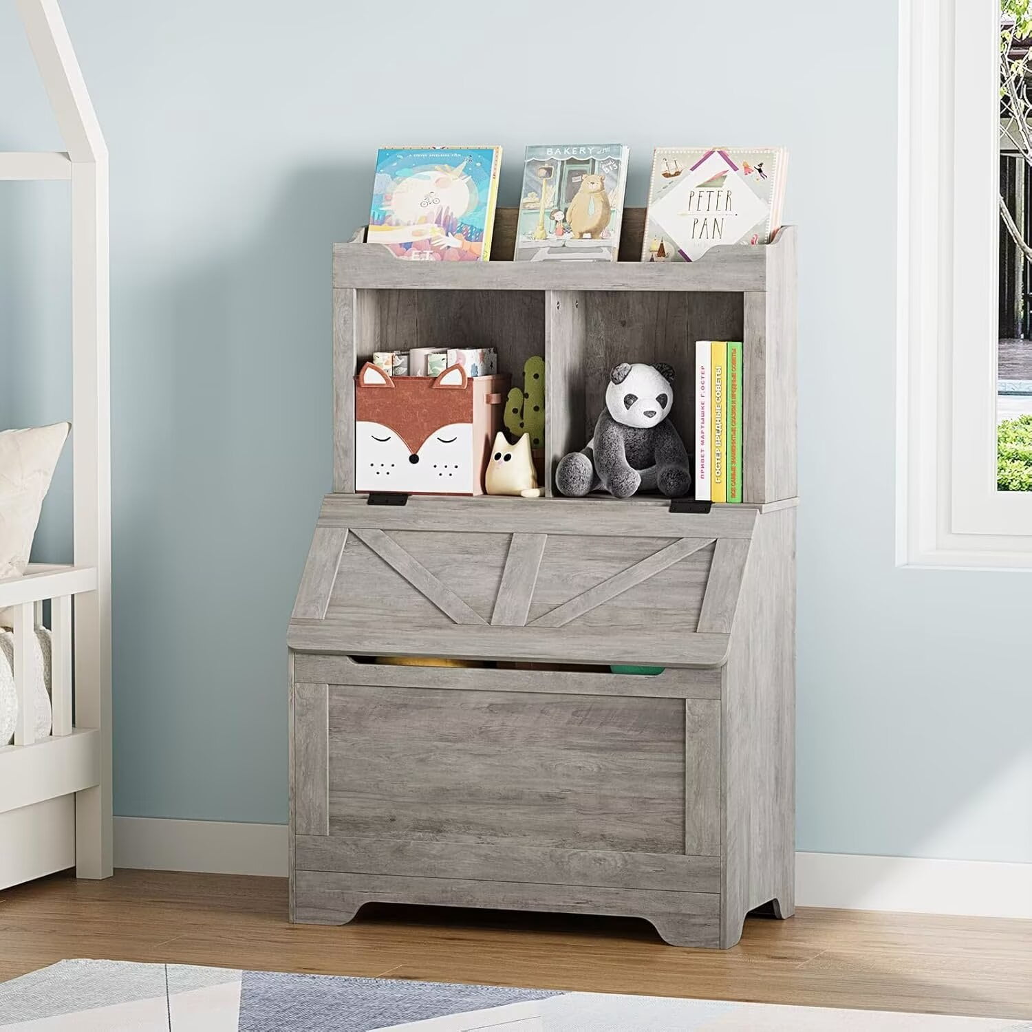 Kids Book shelf and Toy Storage Box, 3-layer Wooden Toy Storage Box with Flip Storage Box and 2-layer Children's Bookshelf, Suitable for Playroom, Bedroom Living Room, Kindergarten, Grey