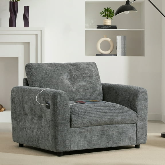 Oversized Single Sofa, Upholstered Accent Chair with Dual-port Charger, Modern Armchair with Wide Seat for Living Room & Apartment, Gray