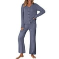 thumbnail image 2 of VBTAPA Womens Pajama Sets Long Sleeve Ribbed Knit Lounge Set Button Down Soft 2 Piece Pjs Navy M, 2 of 8