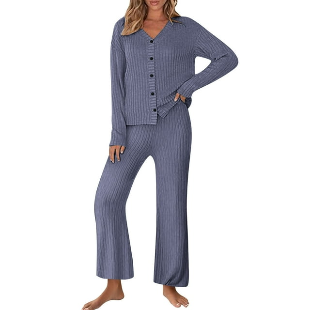 Soki Ensemble de Détente 2 Pcs pour Femmes, Tenue de Nuit Décontractée avec Hauts à Manches Longues et Pantalons, Ensemble Assorti