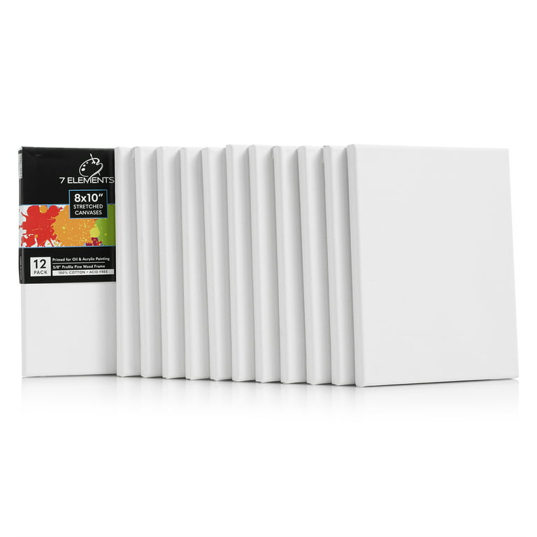 7 Elements (12 pack) Stretched Canvas for Painting - 8 x 10 Inch 100%  Cotton Pre Primed White Art Canvases 