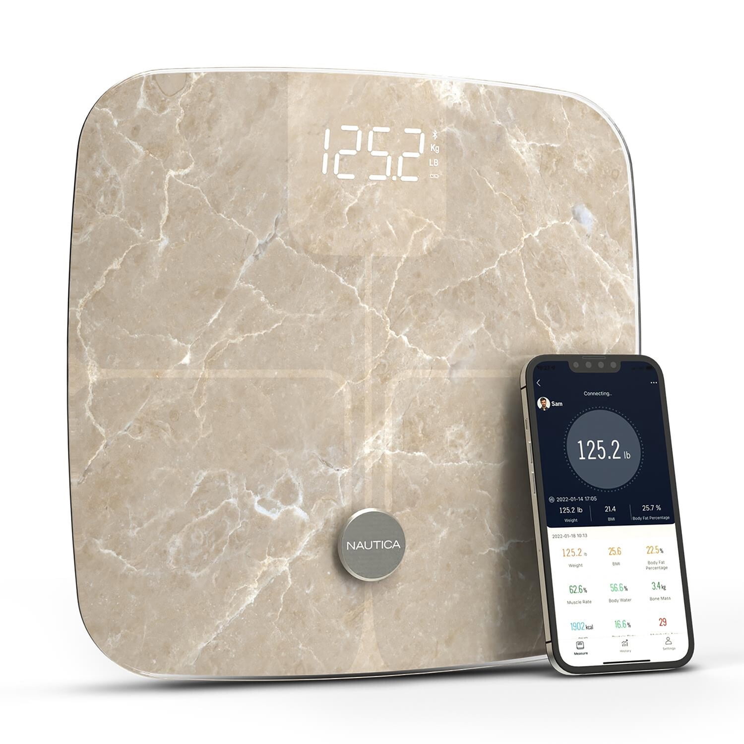 Nautica App Compatible LED Body Composition Scale with Bluetooth , Quartz Stone , 396 lb Capacity