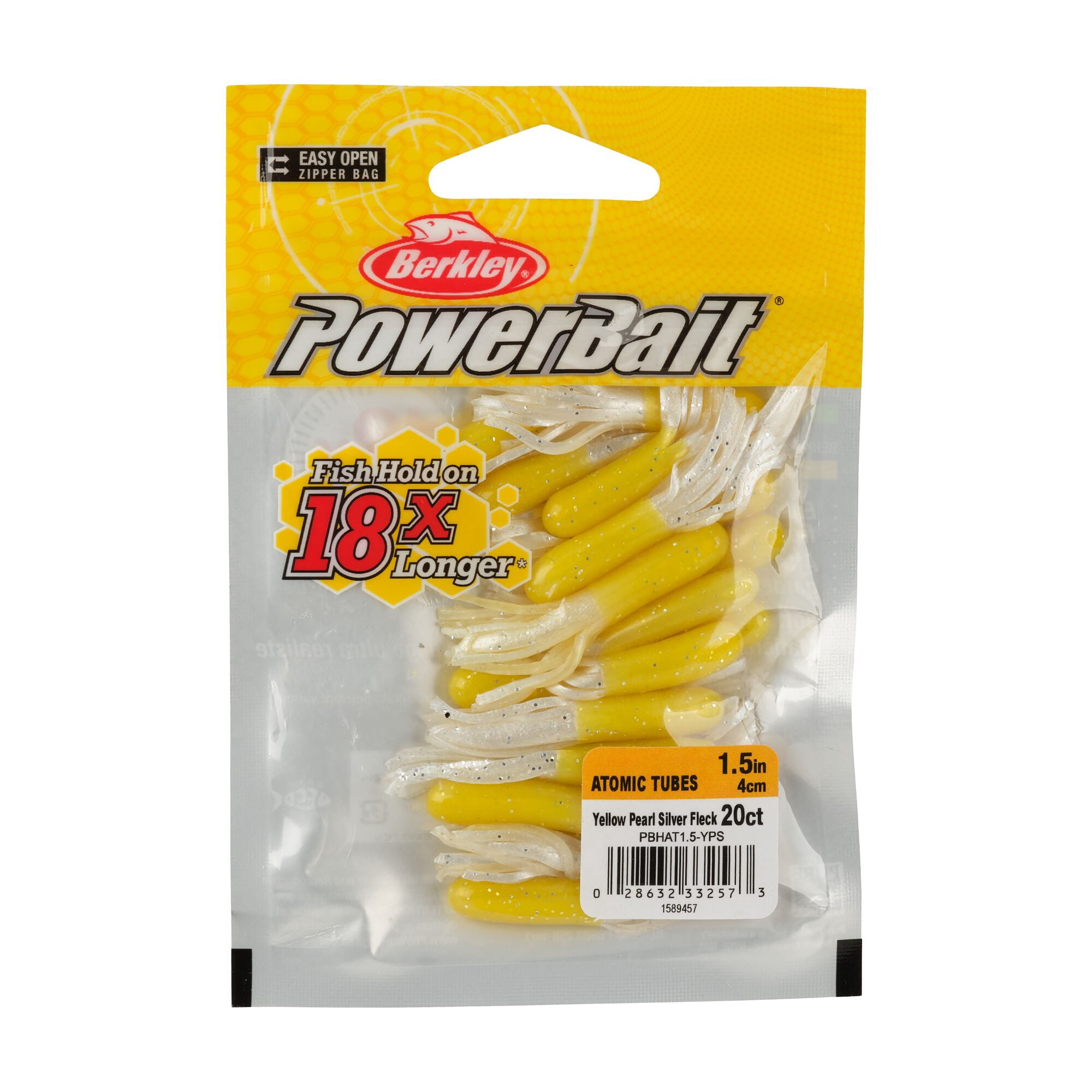 Berkley PowerBait® Atomic Tubes, 1.5 in, Tubes, Yellow Pearl Silver Fleck (20 Count)