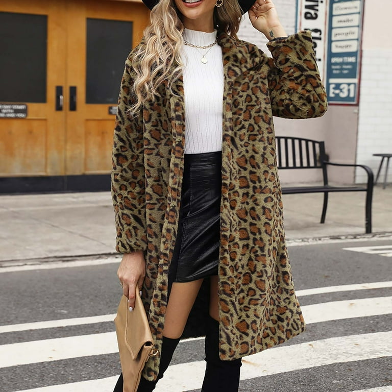 YANHAIGONG Faux Jackets for Women Leopard Print Coat Plus Size Long Fluffy Cardigan Winter Fashion Clearance Fuzzy Jacket Turndown Collar Long Sleeves