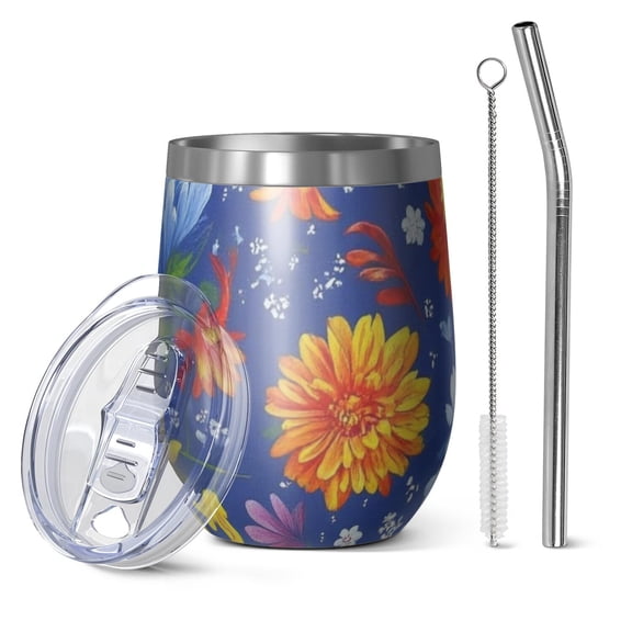 12oz Stemless Wine Tumblers Pioneer Flower Vacuum Insulated Stainless Steel Travel Tumbler Cups Mug with Lid and Straw for Champaign,Cocktail,Beer with Cleaning Brush