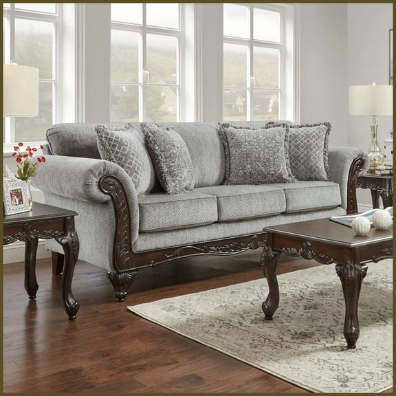 Hernen American Style Chenille Sofa with Carved Wood Frame – Gray, Includes 4 Fringe Pillows for Living Room