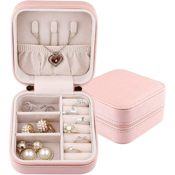 JUNWELL 1 pcs Small Faux Leather Travel Jewelry Box for Rings Earrings Necklace Jewellery Organizer and Storage,Gift for Girls Women,Pink