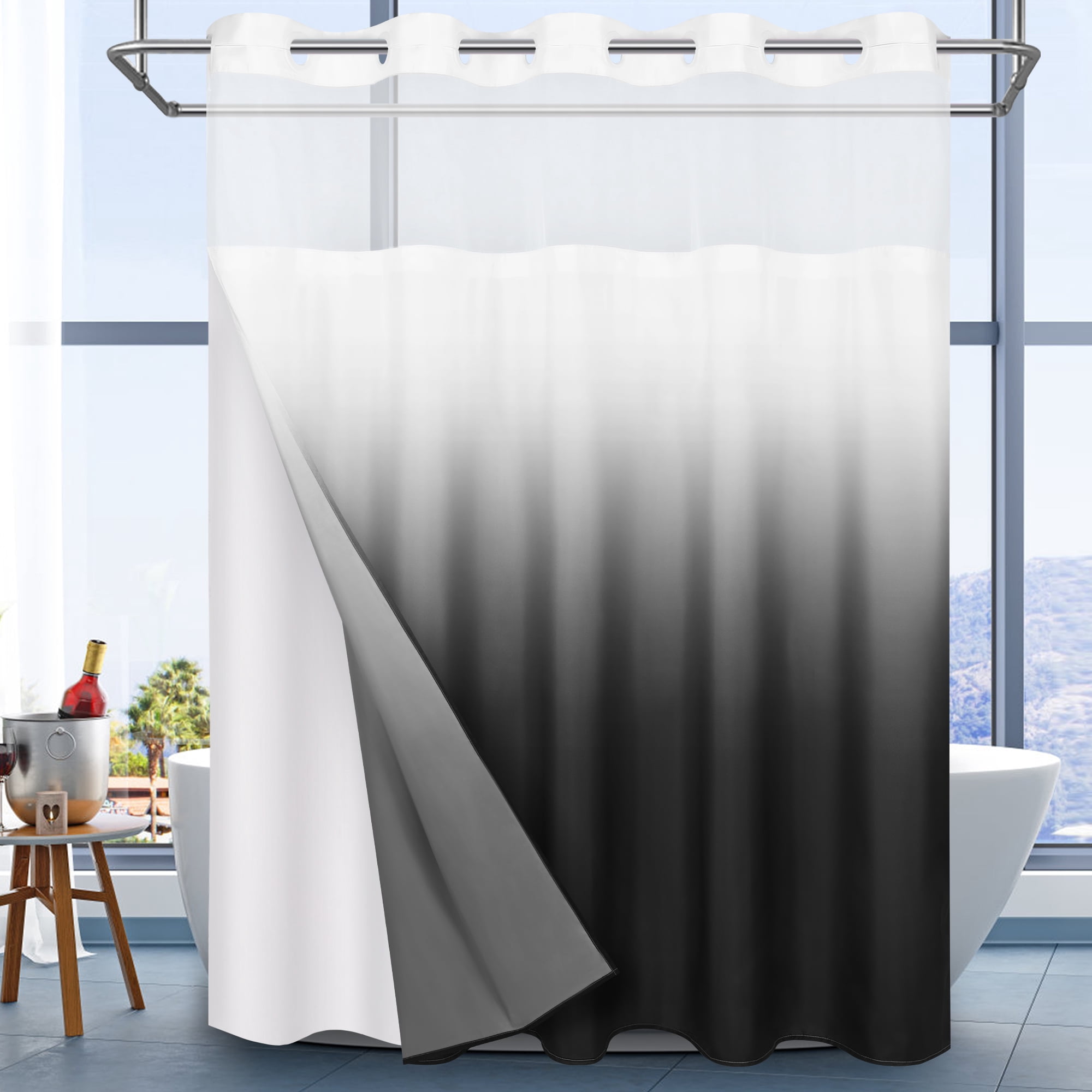 Ikfashoni No Hook Shower Curtain with Snap in Liner, Black Ombre Hookless Waterproof Bath Curtain, 71"X74"