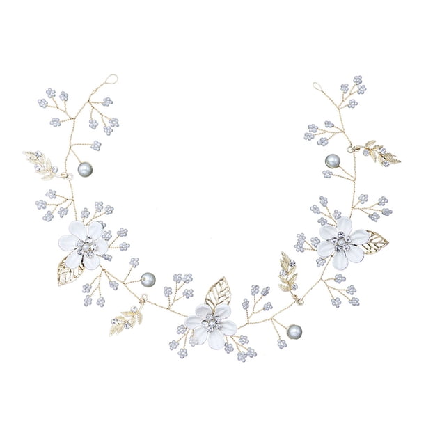 EeaseMX Diadema con hojas y flores de diamantes de imitación, tocado de aleación con perlas para boda, joyería nupcial para decoración de fiesta (blanco)