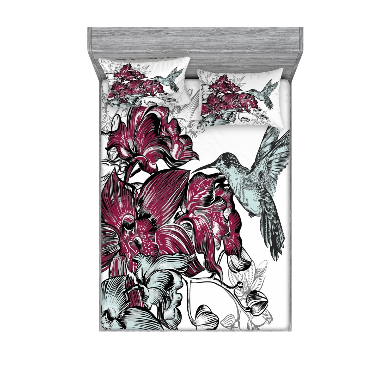 Hummingbird Bedding Set with Sheet & Covers, Orchid Flowers Bouquet and