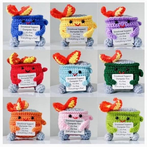 9PCS Funny Crochet Emotional Support Dumpster Fire,I'm fine everything is fine,Self Care Gift for her,Cheer up Gift,Office Desk Decoration,Livingroom Decor,Home Table Decor,Crochet Dumpster Fire