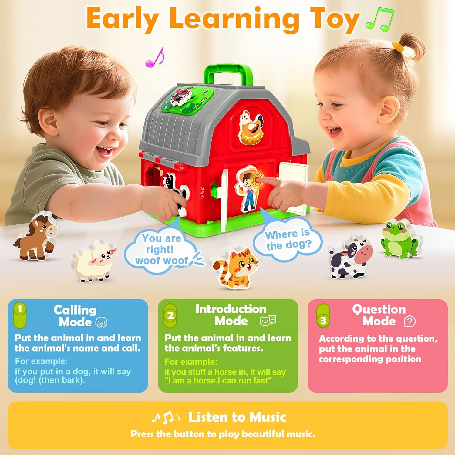Toys for 1 Year Old,Musical Barn Farm Animal set for Toddler, Learning Toys for Toddlers 1-3, Educational Interactive Toys, Christmas Birthday Gift for Baby Boys Girls, Baby Toys 12-24 Months