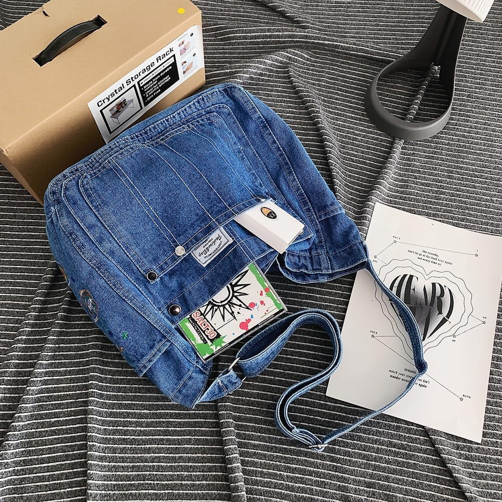 Denim Hobo Crossbody Bag for Women Large Shoulder Handbag Messenger Bag Retro Tote Bag for Casual Work Travel