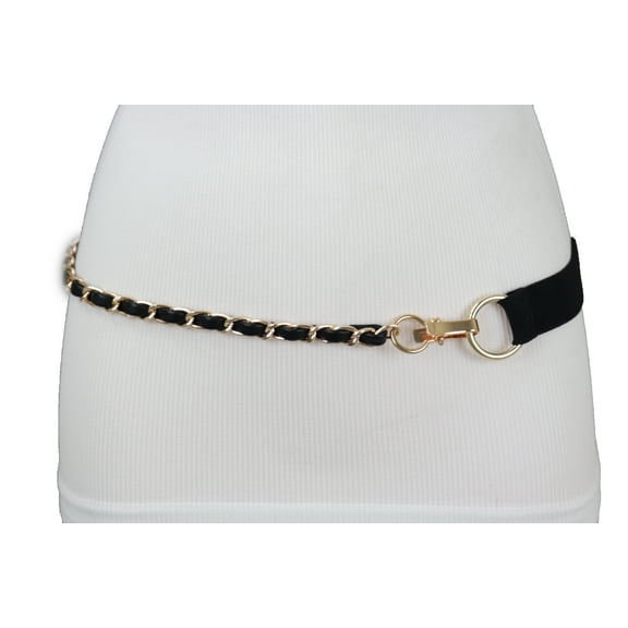 Women Black Elastic Band Belt Gold Metal Chain S M