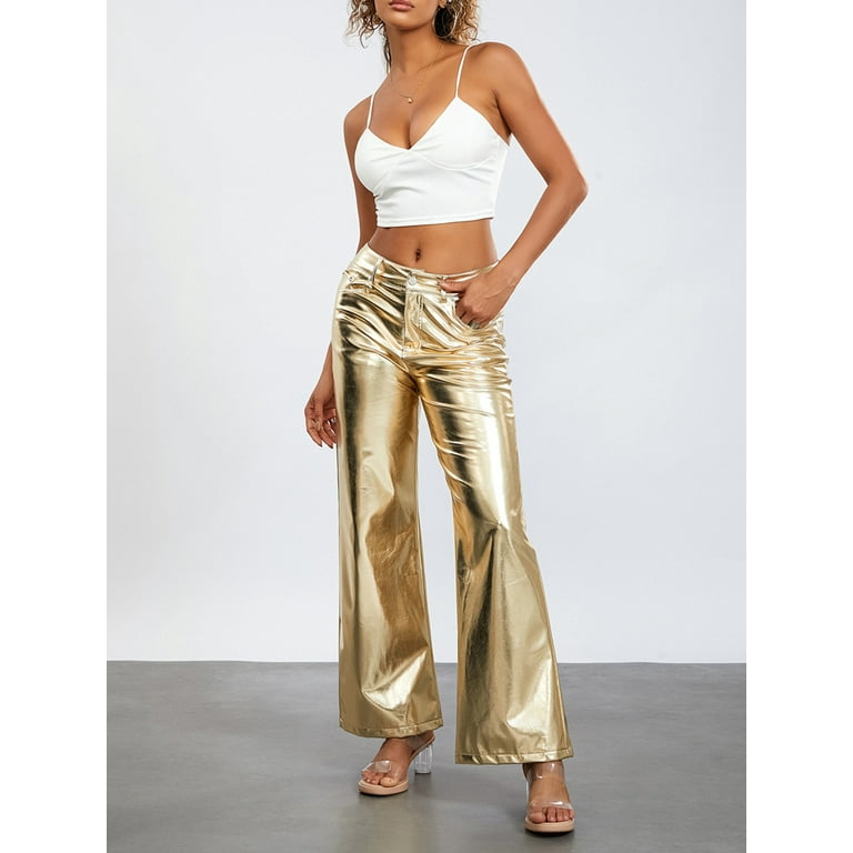 Mubineo Women s Metallic Jeans Loose Low Waist Button Straight Leg Long Length Gold Trousers Glitter Pants with Front Pockets