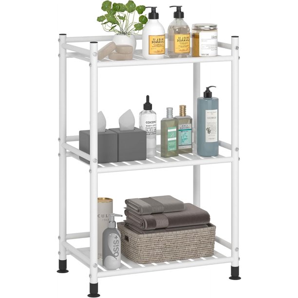 Estantería de pie de metal de 3 niveles para baño, armario de almacenamiento de cocina, organizador de estantes, soporte para plantas, estantería de exhibición para sala de estar (blanco, 3 niveles