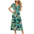 thumbnail image 2 of Wycnly Formal Dresses for Women Short Sleeve V-Neck Leaves Print Summer Long Dresses Beach Vacation Boho Elastic Waist A Line Sun Dress Green s Clearance Under $5, 2 of 7