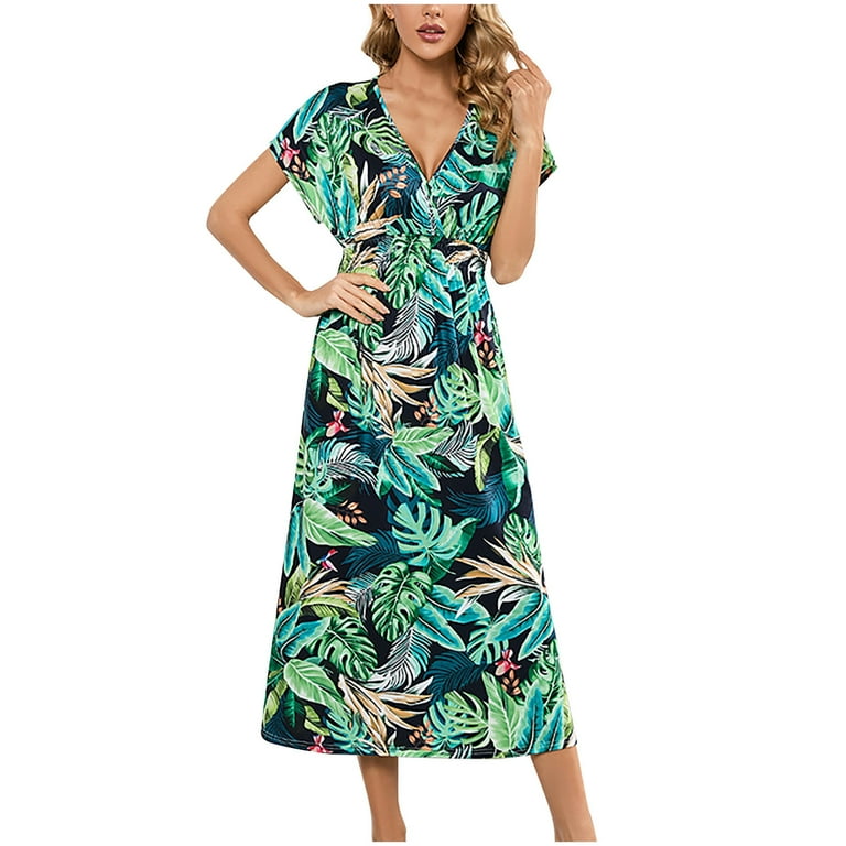 JWZUY Summer Hawaii Style Dress V Neck Short Sleeve Maxi Long