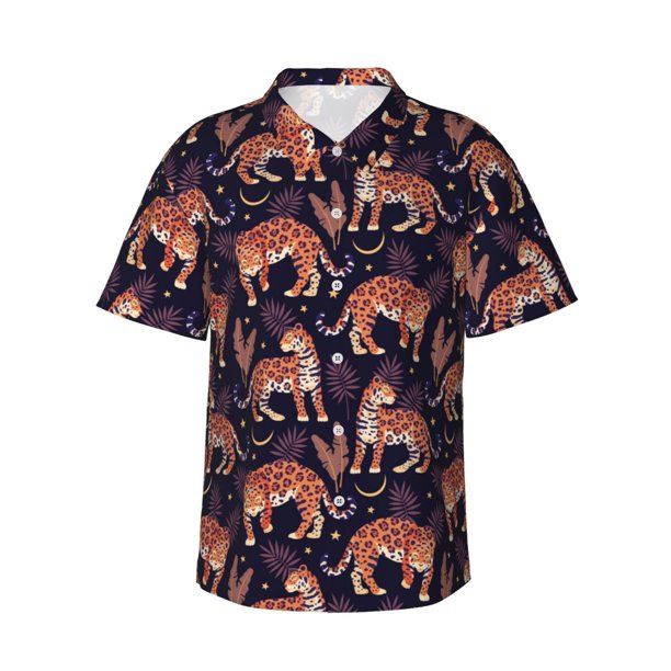 Fotbe Leopard Print Camisa Hawaiana para Hombre Unisex – Camisa Casual de Verano con Botones de Manga Corta de Algodón y Lino,Medium