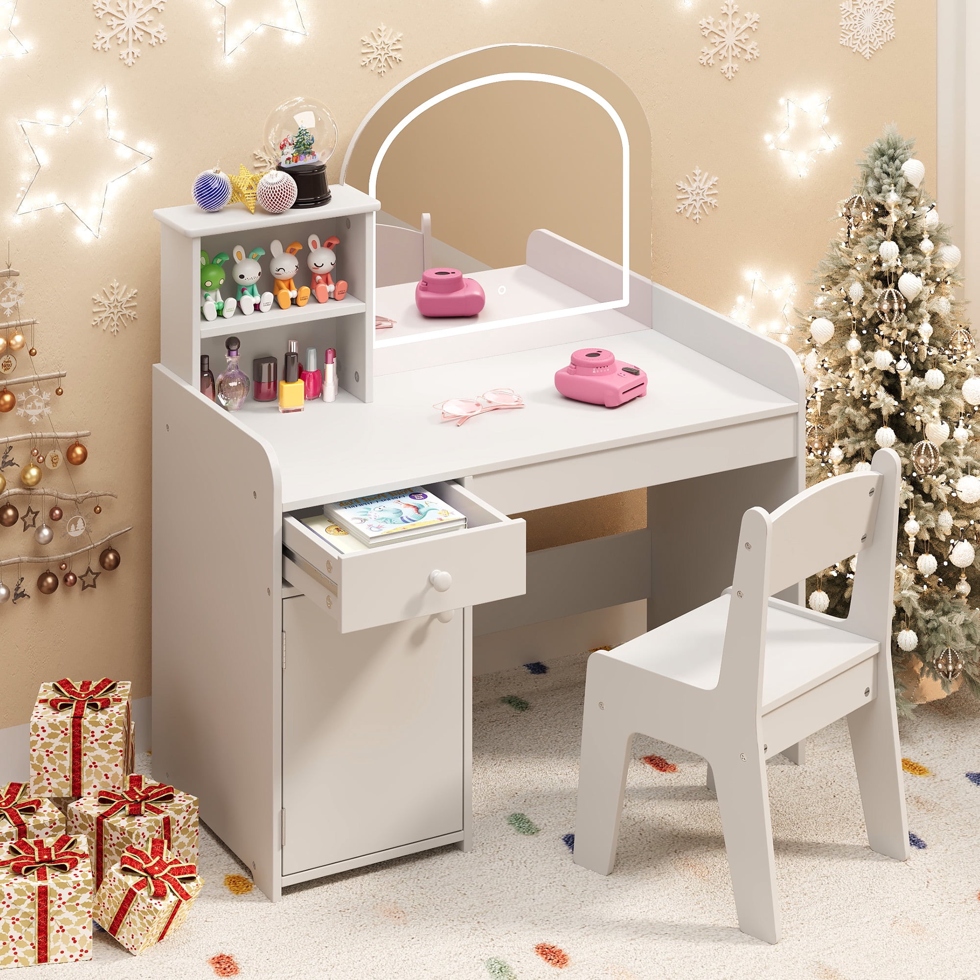 Lofka White Princess Kids Vanity Set with LED Lights & Stool | Makeup Dressing Table with Shatterproof Mirror, Storage Shelves & Cabinet | ASTM/CPSIA Safe for Girls 3+