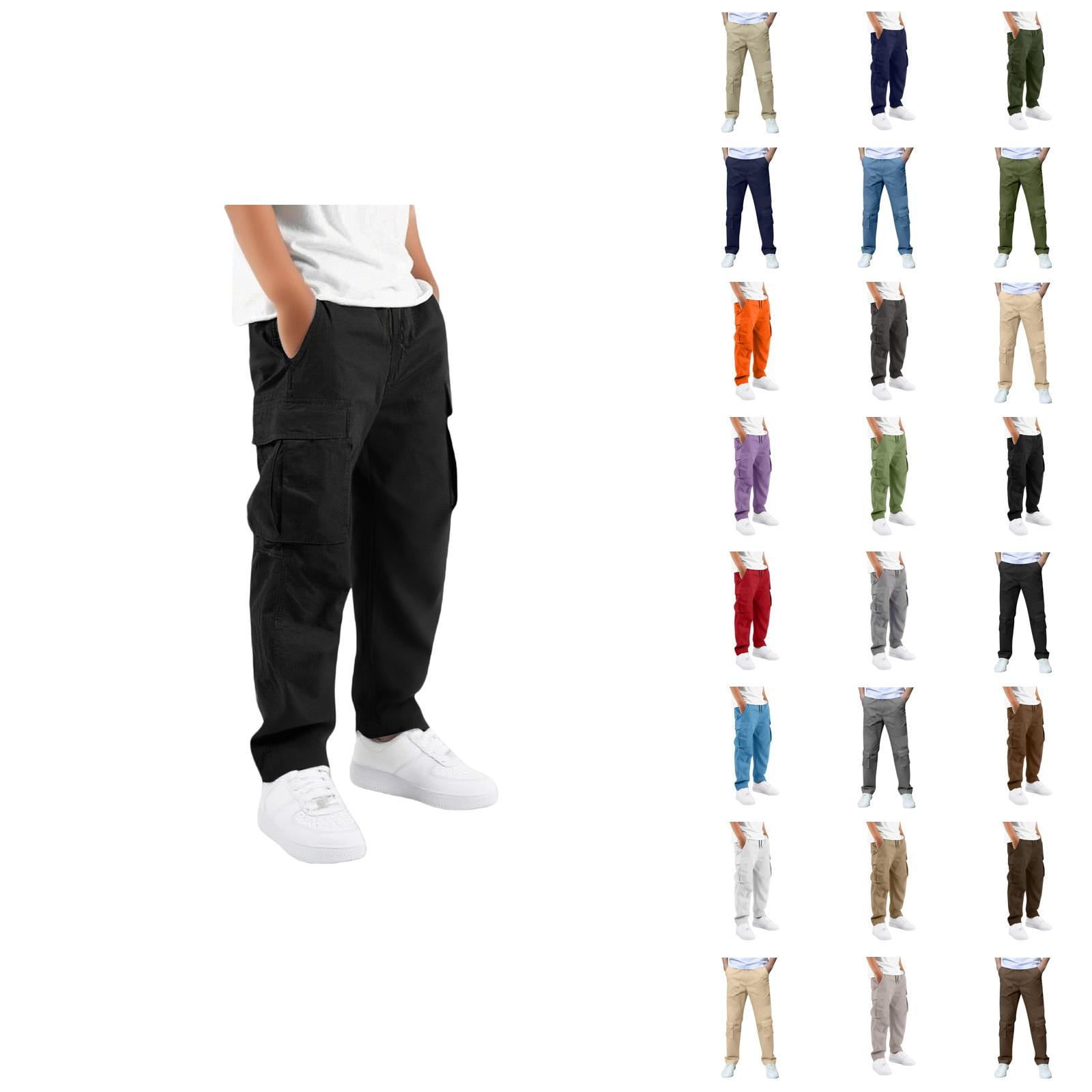 Uniform Pants for Boys Baggy Pull On Uniform Pants Casual Back To School Clothes | Drawstring Elastic Waisted Hiking Pants Trousers Sweatpants With Multi Pockets 5-6