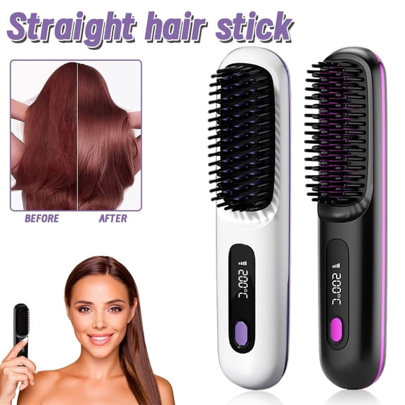 Portable Cordless Hair Straightener Brush with LCD Display - USB Rechargeable Fast Heating Styling Brush, Ceramic Coated for Smooth Hair, Portable for Travel & Home, White