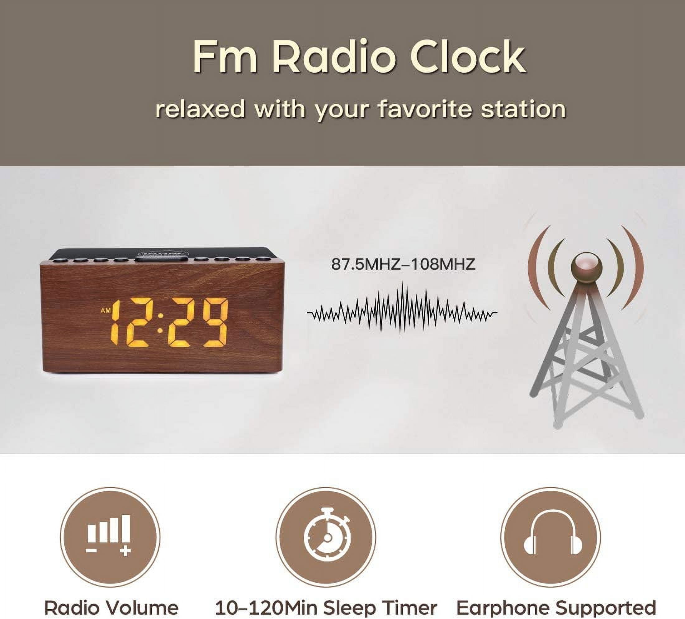 Wooden Digital LED Alarm Clock FM Radio, Fast Wireless Charger Station for iPhone/Samsung Galaxy, 5 Level Dimmer, USB Charging Port, 9 Sounds, Sleep Timer Bedroom, Bedside, Desk