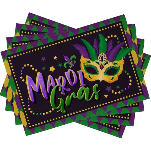 Mardi Gras Mask Purple Green Placemats Set of 4, Carnival Confetti Tabletop Dining Table Place Mats Home Kitchen Decor, New Orleans Masquerade Party Holiday Rustic Decoration 12 x 18 Inch