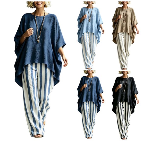Usloyux Women's 2 Piece Outfits Plus Size Round Neck Batwing Sleeve Pullover Top and Wide Leg Striped Pants Casual Lounge Set with Loose Fit Boho Vacation Matching Tracksuit, Navy XL