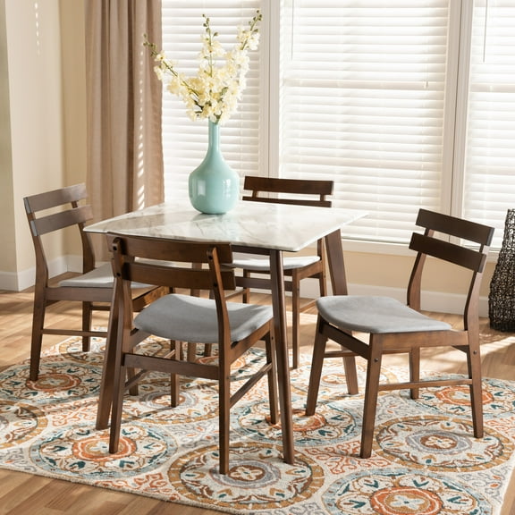 Baxton Studio Richmond Mid-Century Modern Light Grey Fabric Upholstered and Walnut Brown Finished Wood 5-Piece Dining Set with Faux Marble Dining Table