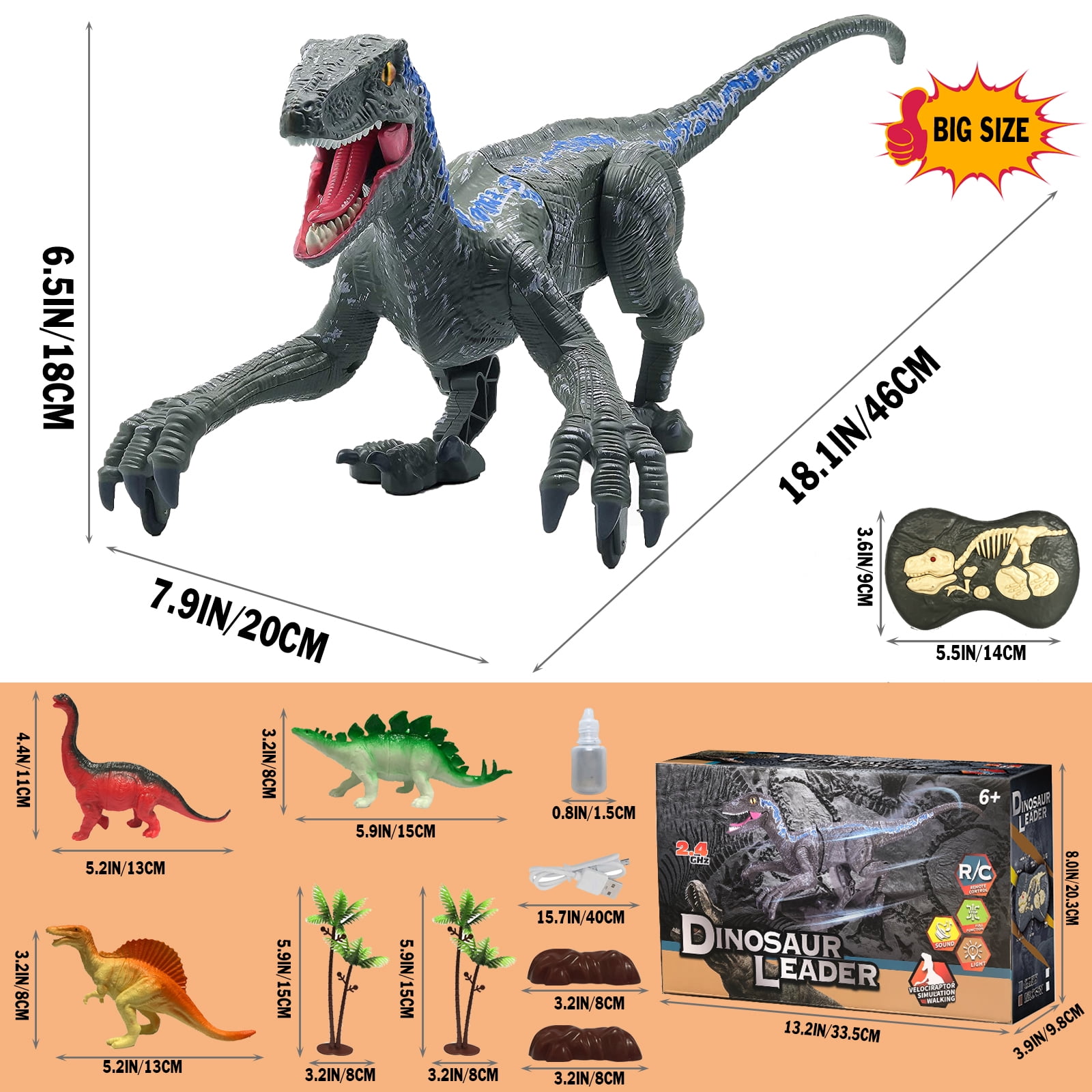 UFULMN Remote Control Dinosaur Toys for Boys Kids Girls Electronic RC Robot Toy Walking Roaring Velociraptor Jurassic Dino Rechargeable Raptor Blue