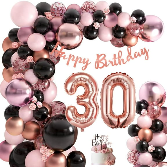 YANSION 30th Rose Gold and Black Birthday Decorations for Women with Happy Birthday Banner，Rose Gold Black Balloons Garland Arch Kit, 30th Foil Balloon Party Supplies