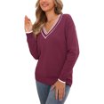 thumbnail image 4 of INSPIRE CHIC V Neck Sweater for Women's Long Sleeve Striped Pullover Soft Fall Casual Sweaters L Wine Red, 4 of 6