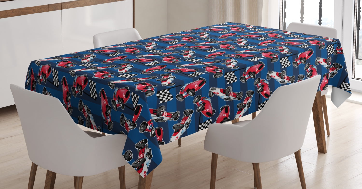 Cars Tablecloth, Vintage Racing Cars on Blue Stripes with Checkered