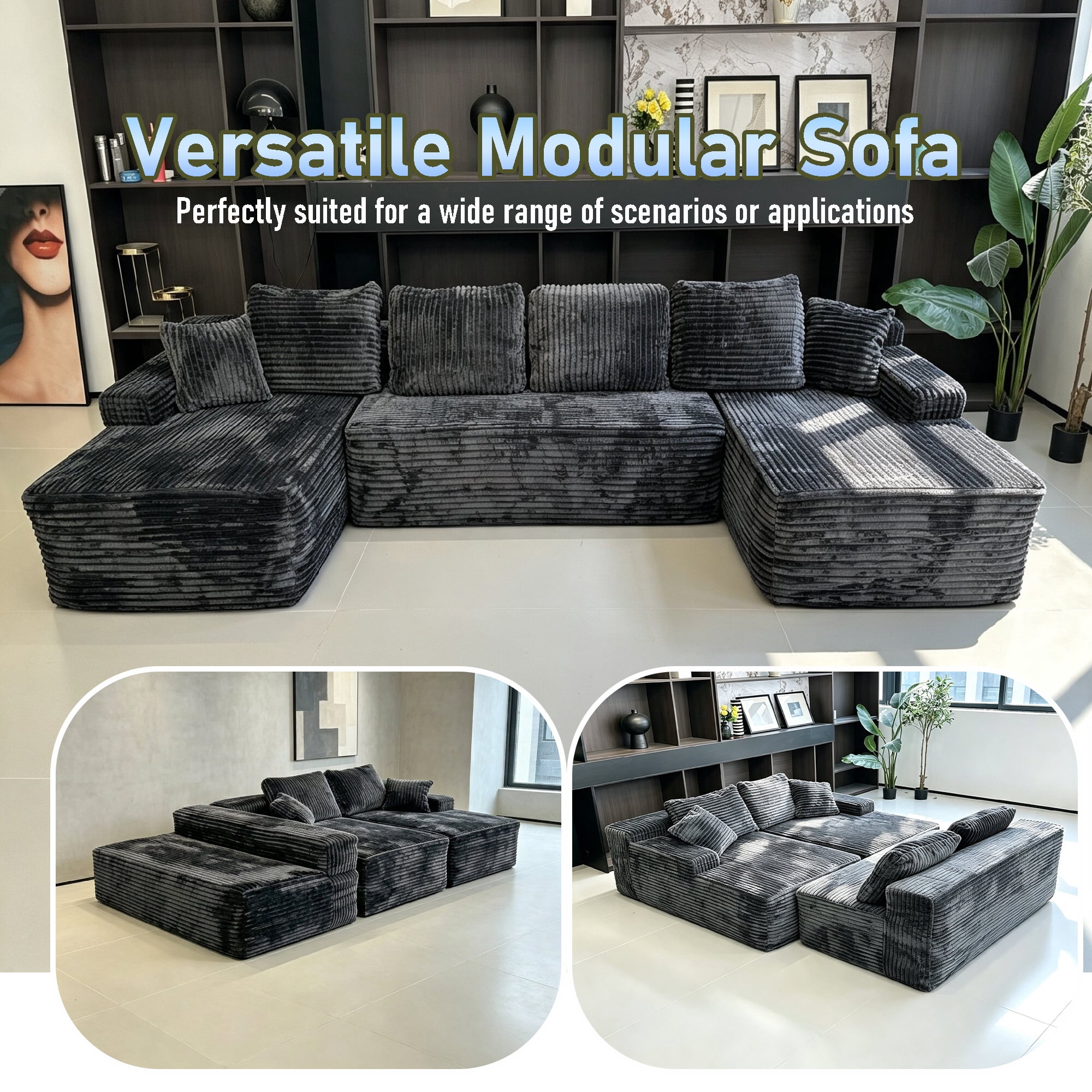 Howcool 131" U‑Shaped Modular Sectional Sofa with Deep Seat Chaise,Corduroy 4‑Seat Boneless Cloud Couch,Compressed Sofa for Living Room,No Assembly Required,Gray