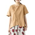 thumbnail image 4 of Blusa vintage de verano para mujer Camiseta asimétrica de manga corta con cuello redondo Irfora Caqui 2XL, 4 of 7