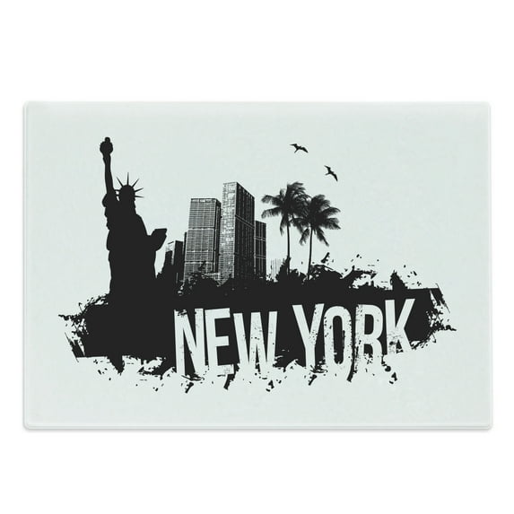 NYC Scene Cutting Board, Cool New York Calligraphy with the City Skyline on the Background, Decorative Tempered Glass Cutting and Serving Board, in 3 Sizes, by Ambesonne