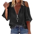 thumbnail image 2 of Womens Spring and Autumn V-Neck Solid Color Temperament Off-The-Shoulder Long-Sleeved Zipper Top, 2 of 8
